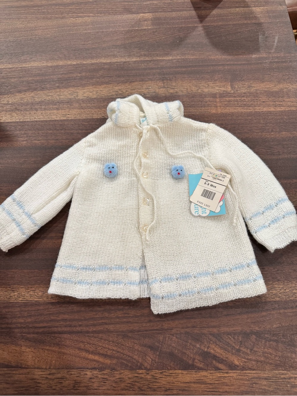 Vintage Bright Futures Cream Knit Baby Cardigan with Light Blue Trim